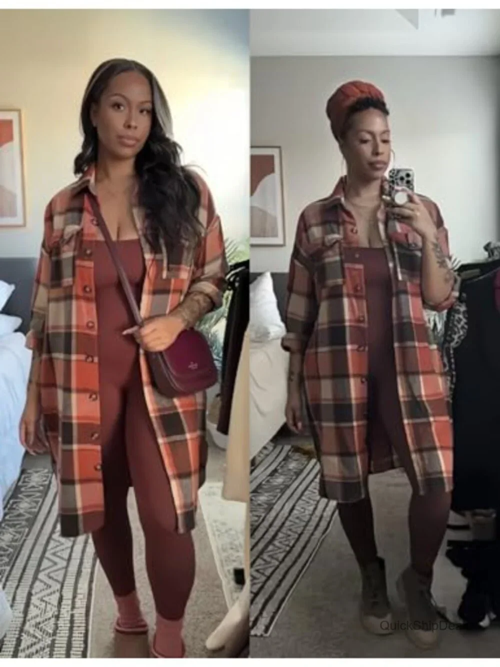 Women's Plaid Shacket Jacket Button Down Long Sleeve Oversized Casual Coat